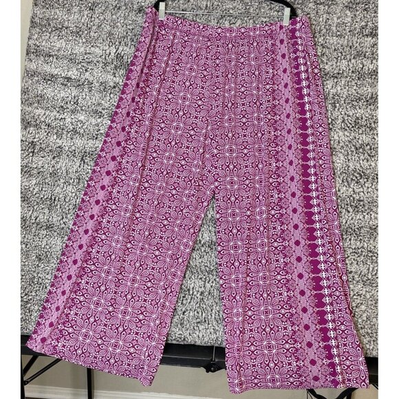 Attitudes Renee 2XP Purple Tropical Floral Petite Wide‎ Leg Pants Travel Resort - Picture 1 of 9